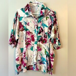 Blue Sky Floral Bamboo/Linen Fair Trade Button Down Flowy Blouse Size L